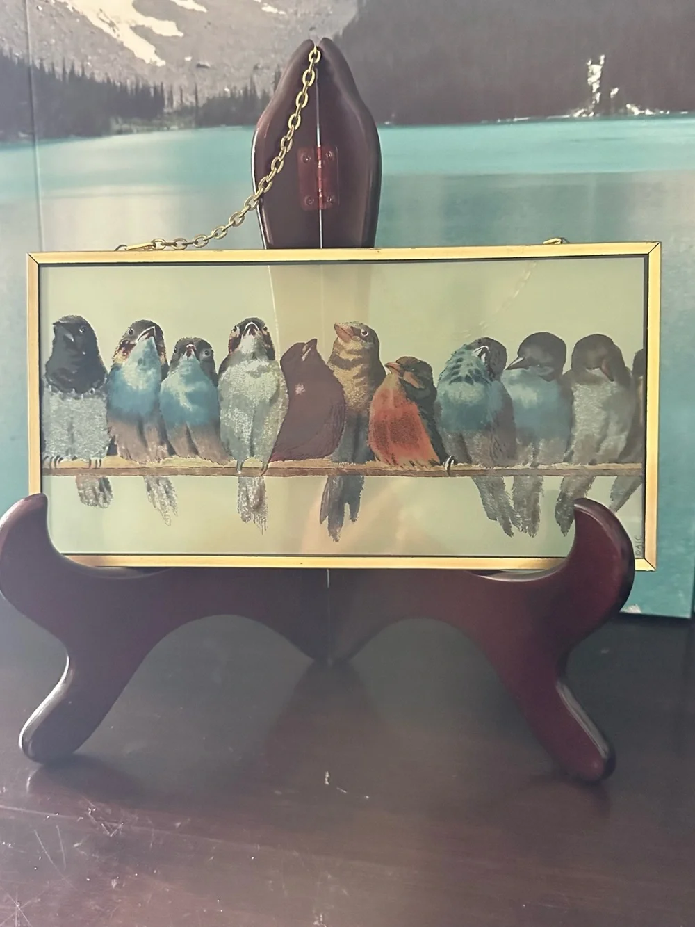 Bird Illustration Hanging Plaque with Gold Frame - Blue, Brown, Cream